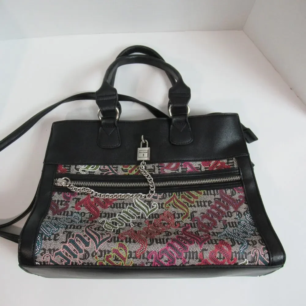 Juicy Couture Handbag Black Beige Lock N Chain Tote Bag Purse Punk Skater Y2K